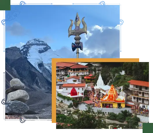 Himalayan peak with trishul monument and temple town collage